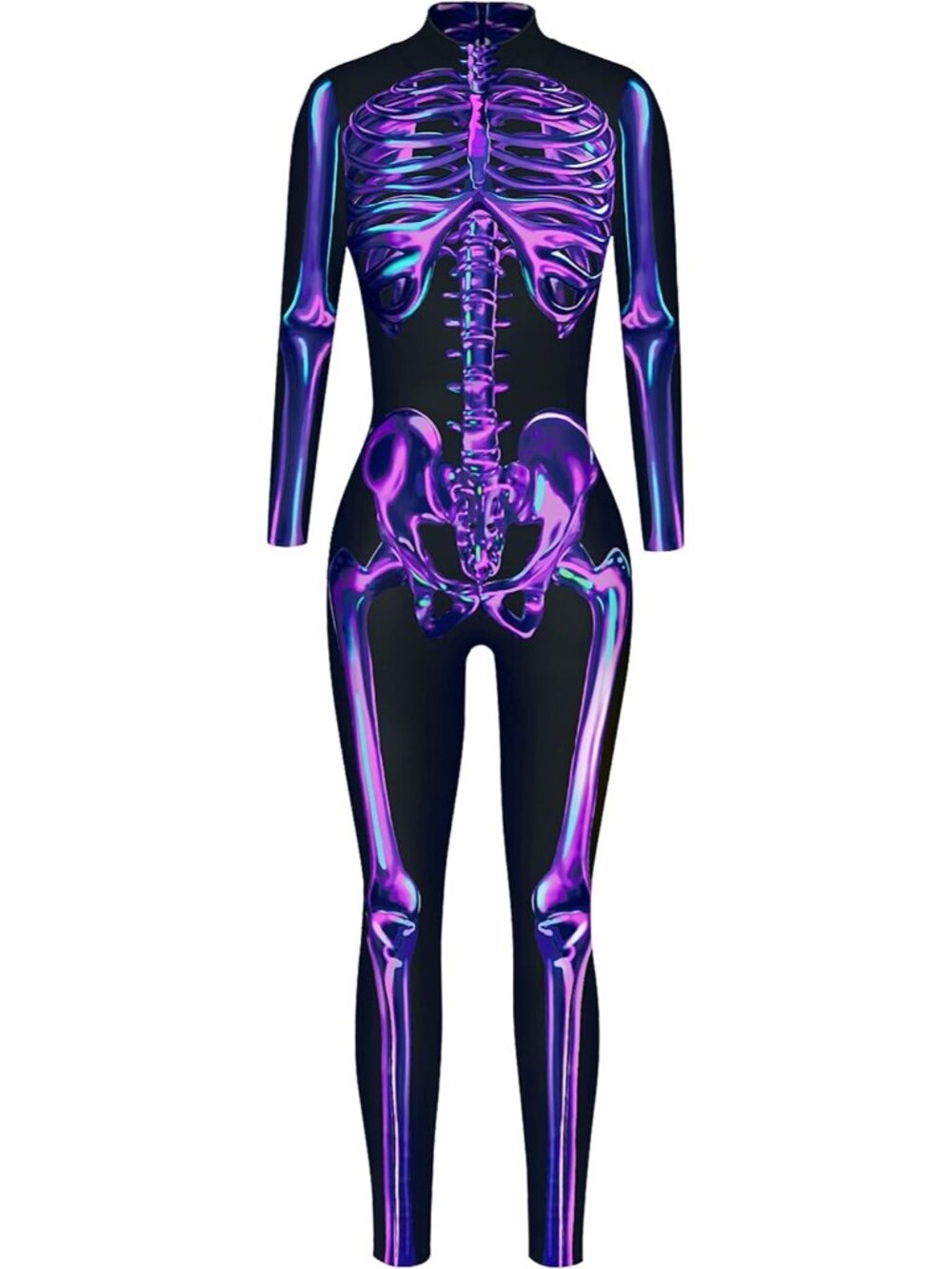 Women Purple Sci-Fi Metallic Skeleton Print Full-Body Halloween Catsuit Bodycon